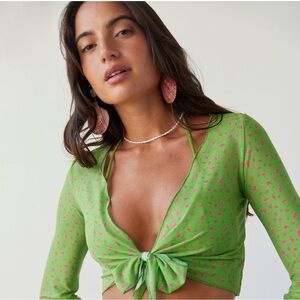 🆕 Urban Outfitters Delmare Printed Crop Tie Top Coverup M/L Ditzy Green/Pink